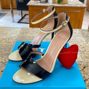 Jean-michel cazabat black and cream patent leather stilettos ankle strap